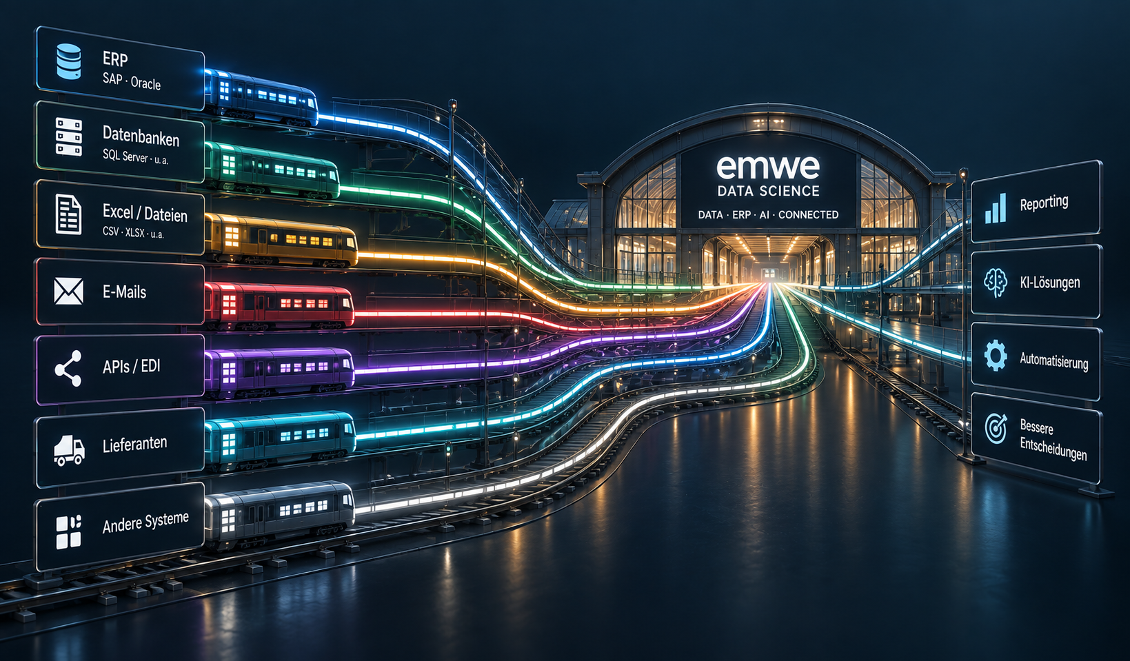 eMWe Data Science verbindet ERP, Datenbanken, Dateien, E-Mails und APIs mit Reporting, KI und Automatisierung